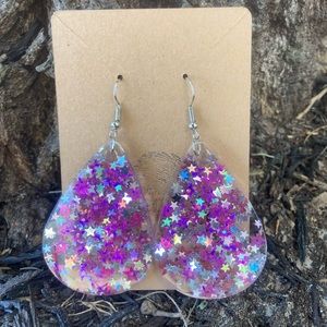 Purple and silver stars teardrop XL large resin earrings
